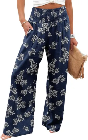 Womens Casual Loose Fit Palazzo Pants Elastic High Waist Lounge Long Pajama Wide Leg Trousers with Pocket