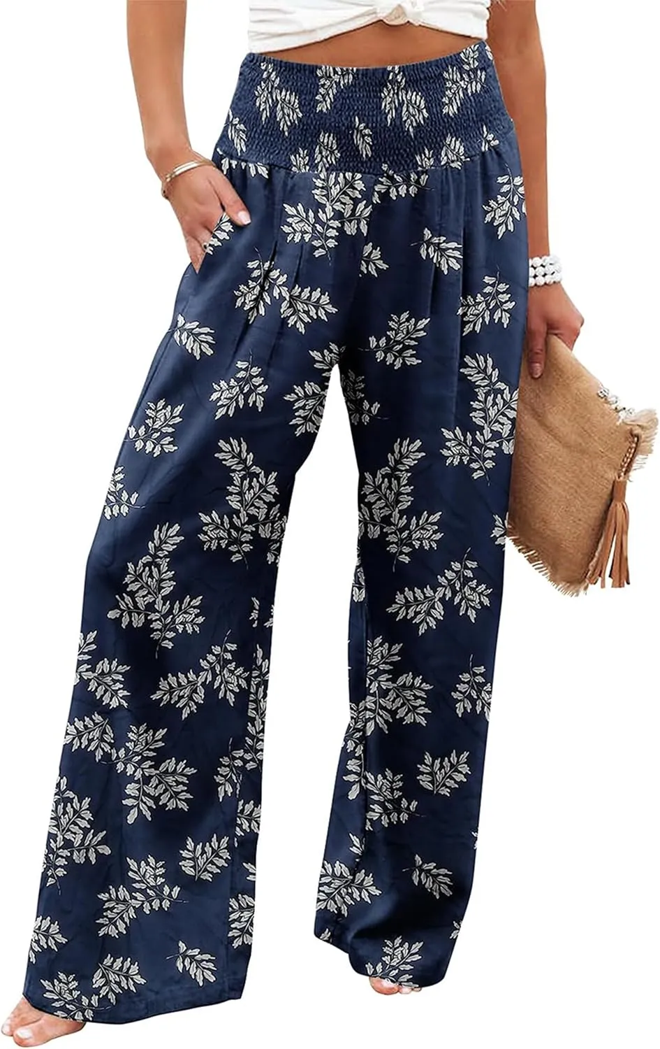 Womens Casual Loose Fit Palazzo Pants Elastic High Waist Lounge Long Pajama Wide Leg Trousers with Pocket