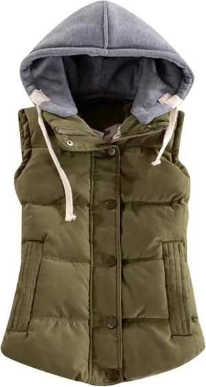 Women's Casual Quilted Padded Puffer Vest Plain Warm Vest with Removable Hooded