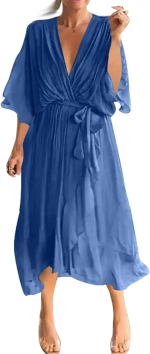 Women's Casual Wedding Guest Dresses 3/4 Ruffled Sleeve V Neck Gauze Loose A Line Light Irregular Midi Dress, S-5XL