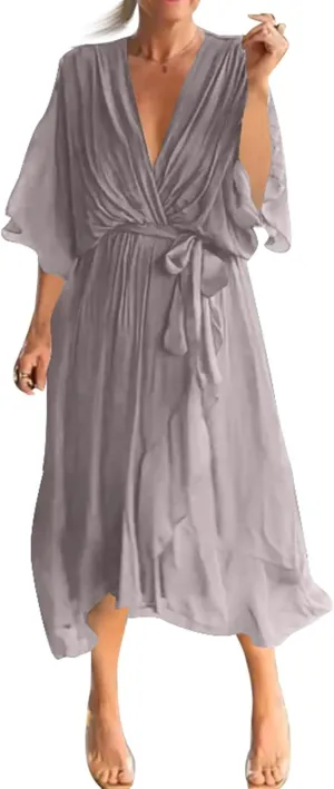 Women's Casual Wedding Guest Dresses 3/4 Ruffled Sleeve V Neck Gauze Loose A Line Light Irregular Midi Dress, S-5XL