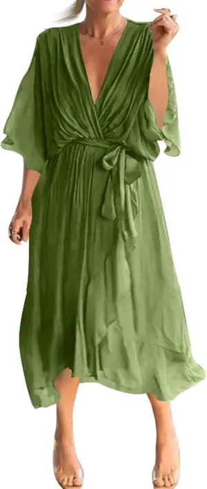 Women's Casual Wedding Guest Dresses 3/4 Ruffled Sleeve V Neck Gauze Loose A Line Light Irregular Midi Dress, S-5XL