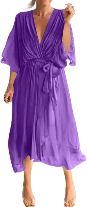 Women's Casual Wedding Guest Dresses 3/4 Ruffled Sleeve V Neck Gauze Loose A Line Light Irregular Midi Dress, S-5XL
