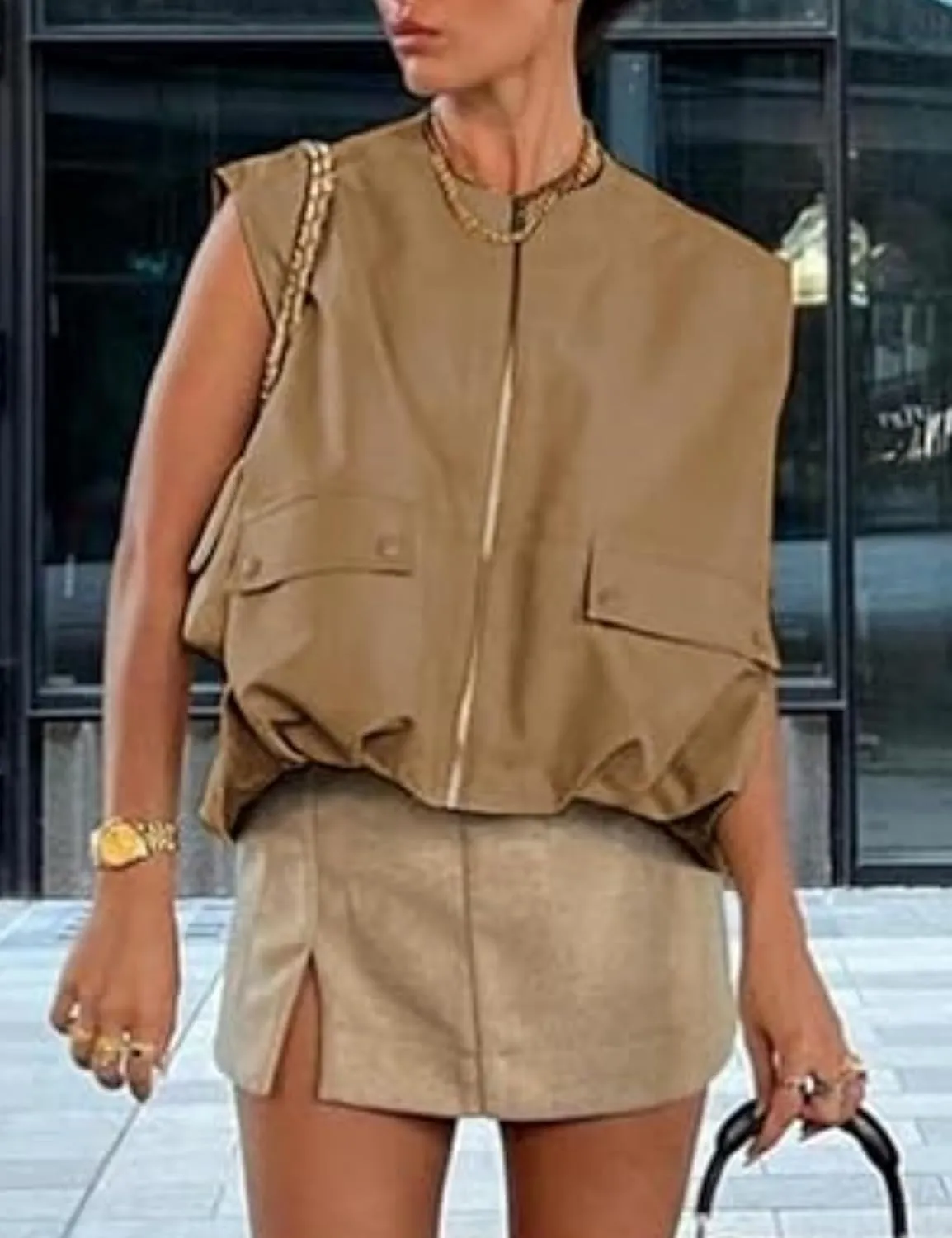 Womens Casual Zip Up Cargo Vest Top Oversized Lightweight Ruched Hem Sleeveless Blazer Jackets Vest Tops