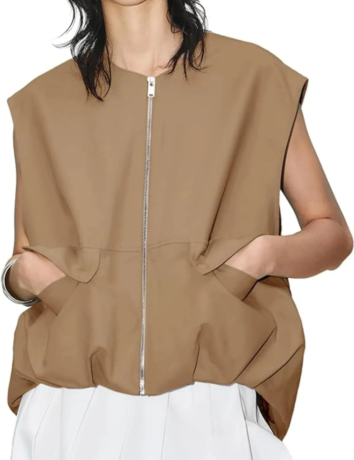 Womens Casual Zip Up Cargo Vest Top Oversized Lightweight Ruched Hem Sleeveless Blazer Jackets Vest Tops