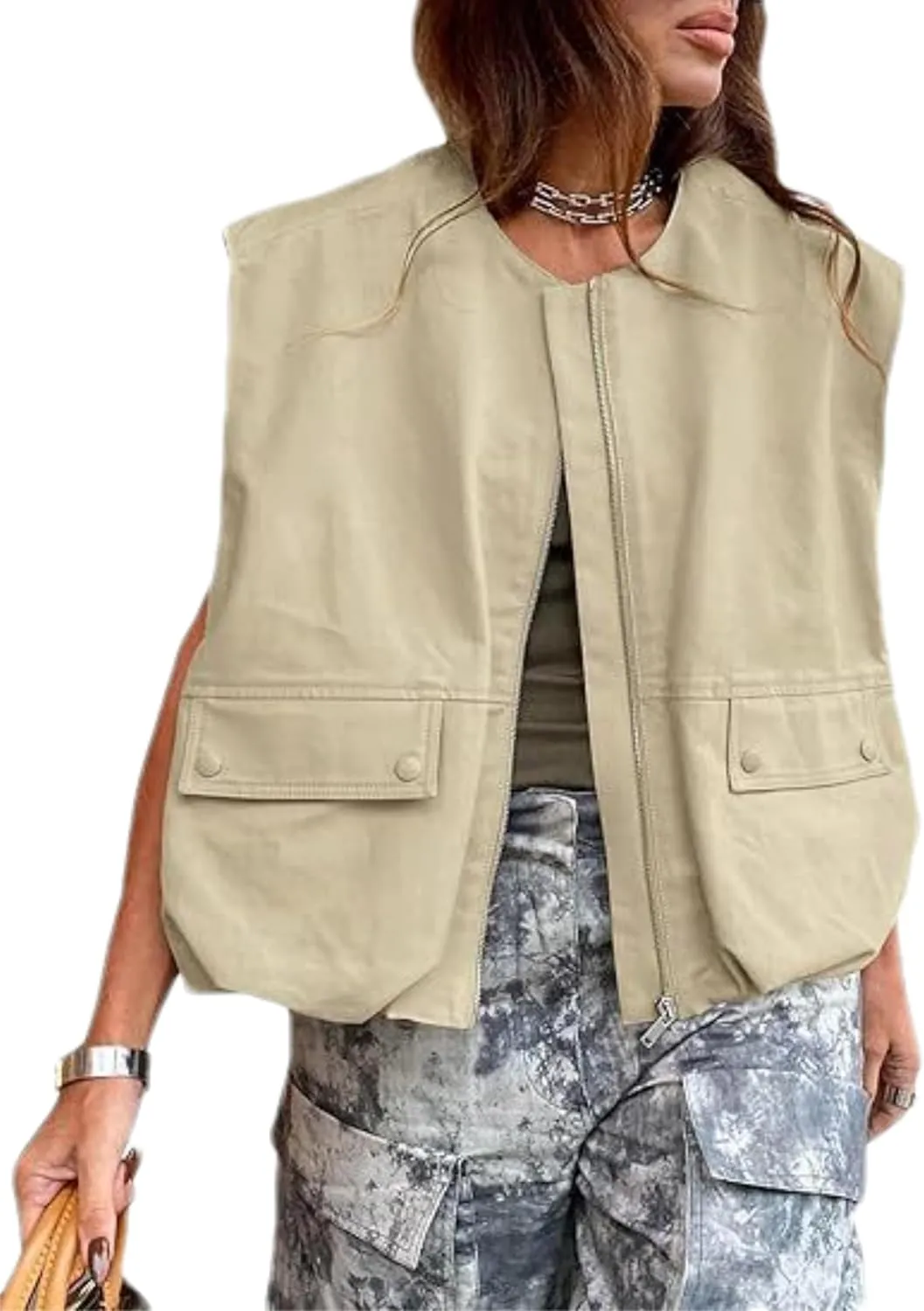 Womens Casual Zip Up Cargo Vest Top Oversized Lightweight Ruched Hem Sleeveless Blazer Jackets Vest Tops