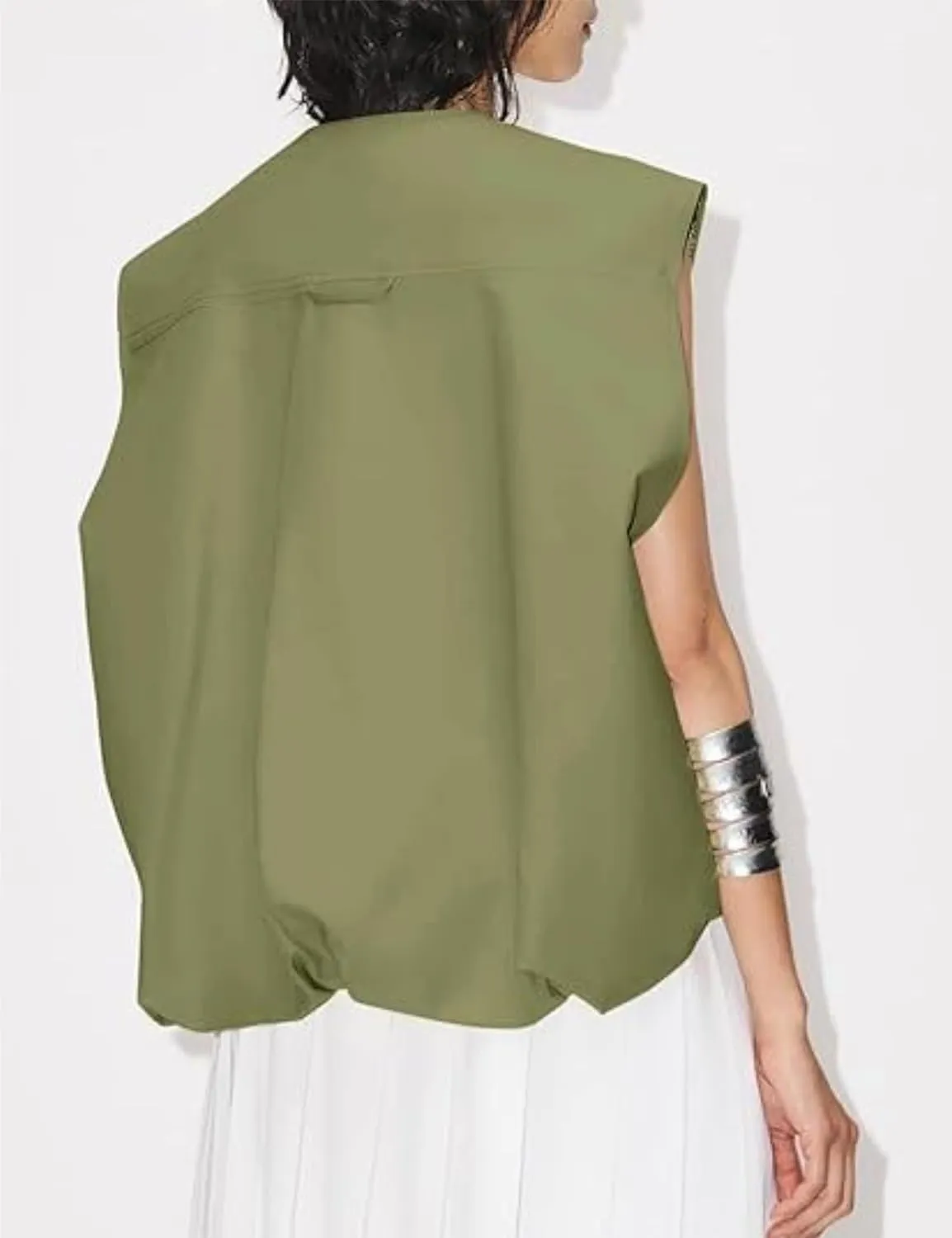 Womens Casual Zip Up Cargo Vest Top Oversized Lightweight Ruched Hem Sleeveless Blazer Jackets Vest Tops
