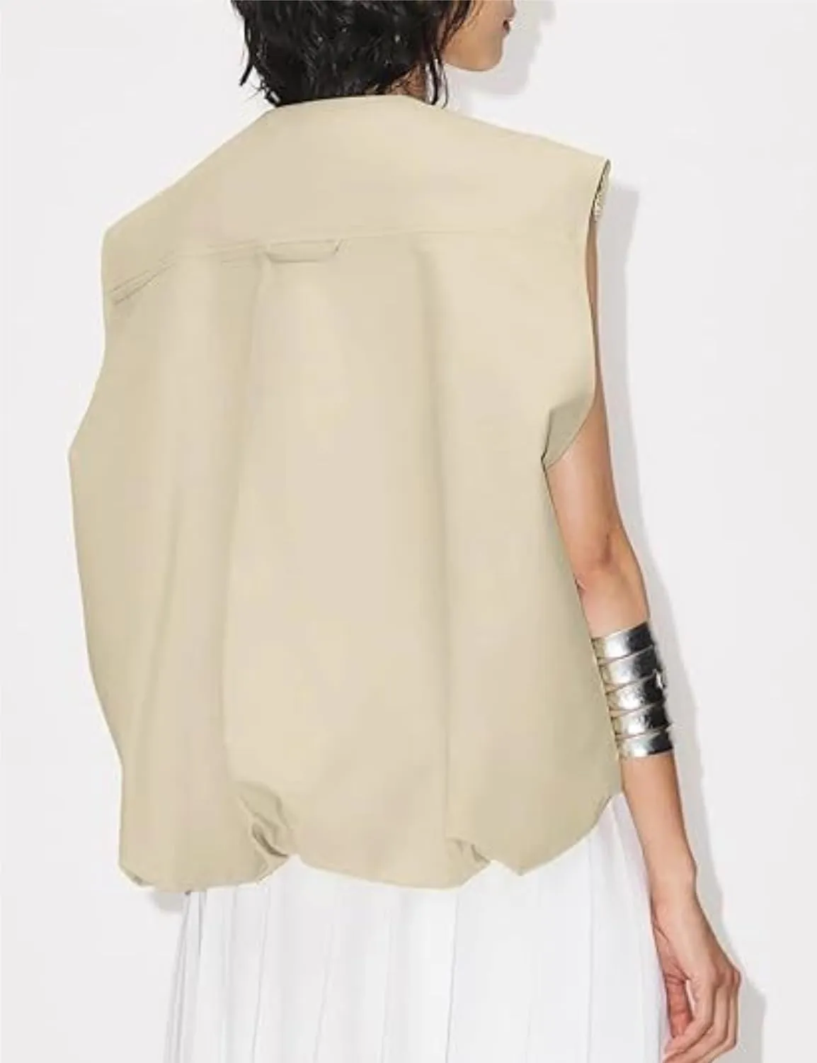 Womens Casual Zip Up Cargo Vest Top Oversized Lightweight Ruched Hem Sleeveless Blazer Jackets Vest Tops