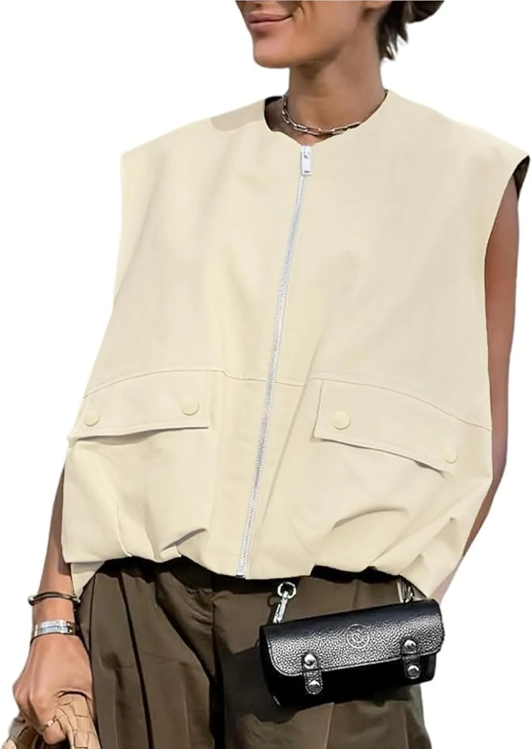 Womens Casual Zip Up Cargo Vest Top Oversized Lightweight Ruched Hem Sleeveless Blazer Jackets Vest Tops