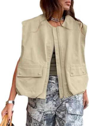 Womens Casual Zip Up Cargo Vest Top Oversized Lightweight Ruched Hem Sleeveless Blazer Jackets Vest Tops