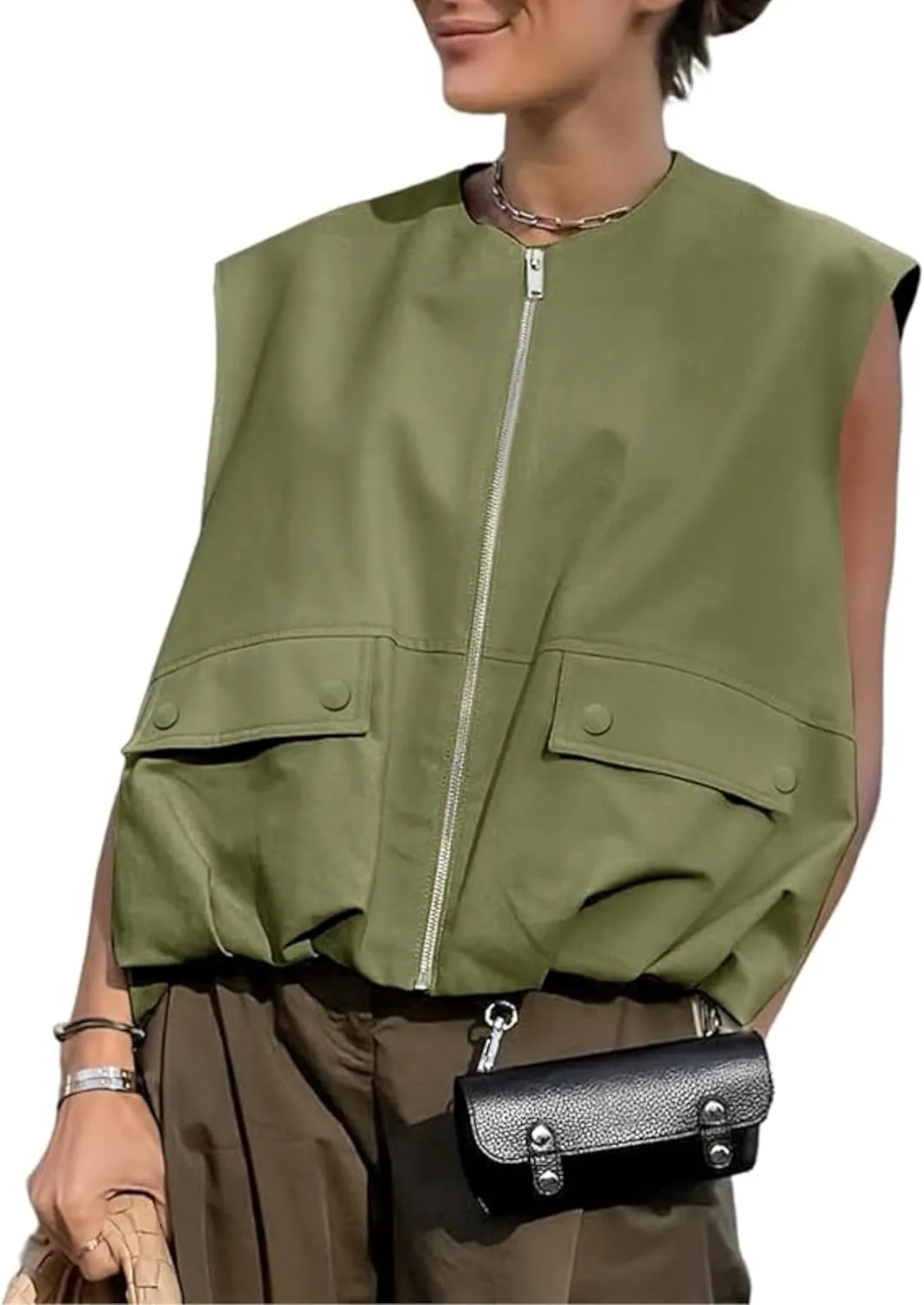 Womens Casual Zip Up Cargo Vest Top Oversized Lightweight Ruched Hem Sleeveless Blazer Jackets Vest Tops