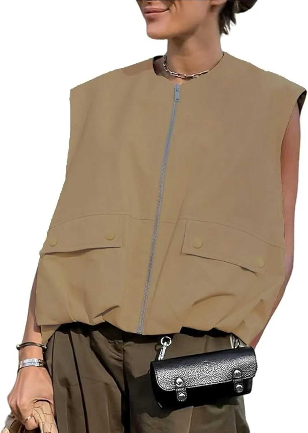 Womens Casual Zip Up Cargo Vest Top Oversized Lightweight Ruched Hem Sleeveless Blazer Jackets Vest Tops