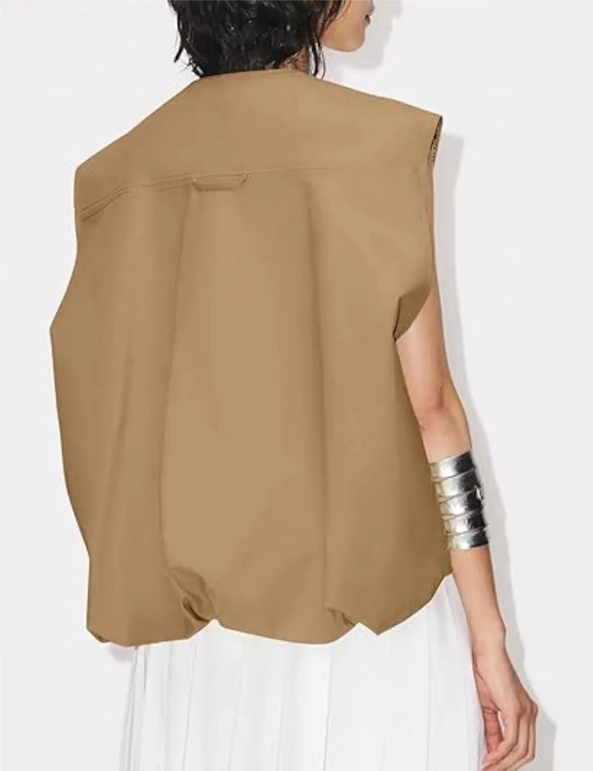 Womens Casual Zip Up Cargo Vest Top Oversized Lightweight Ruched Hem Sleeveless Blazer Jackets Vest Tops