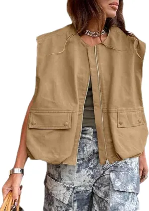Womens Casual Zip Up Cargo Vest Top Oversized Lightweight Ruched Hem Sleeveless Blazer Jackets Vest Tops