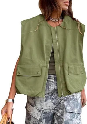 Womens Casual Zip Up Cargo Vest Top Oversized Lightweight Ruched Hem Sleeveless Blazer Jackets Vest Tops