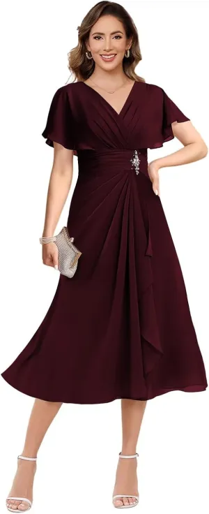 Women's Chiffon Mother of The Bride Dresses with Sleeves V Neck A Line Formal Evening Dress VS189