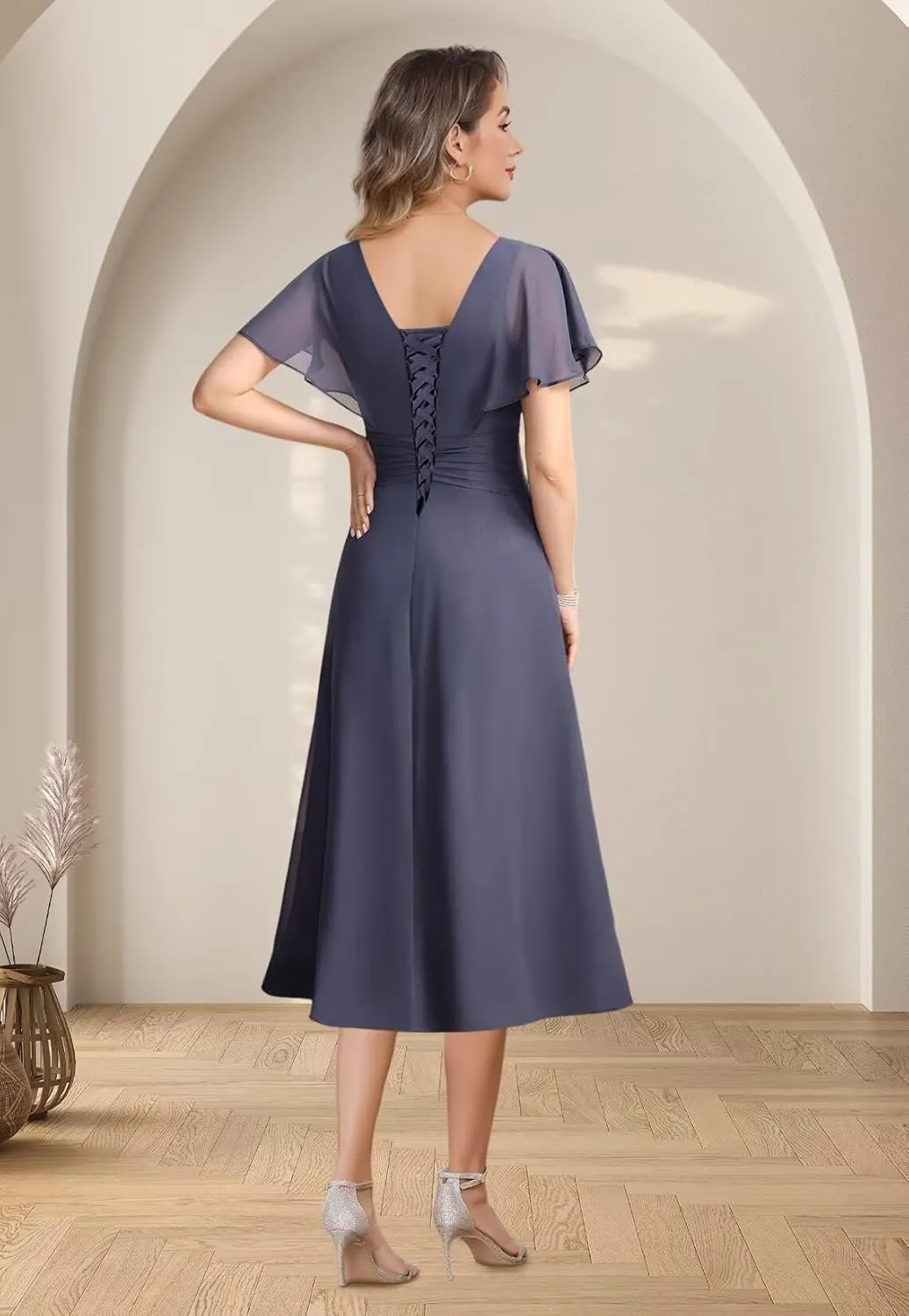 Women's Chiffon Mother of The Bride Dresses with Sleeves V Neck A Line Formal Evening Dress VS189