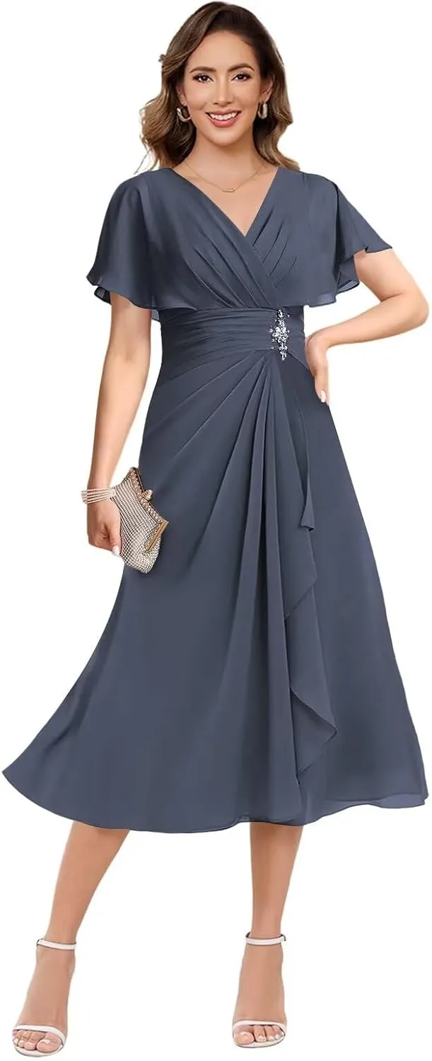 Women's Chiffon Mother of The Bride Dresses with Sleeves V Neck A Line Formal Evening Dress VS189