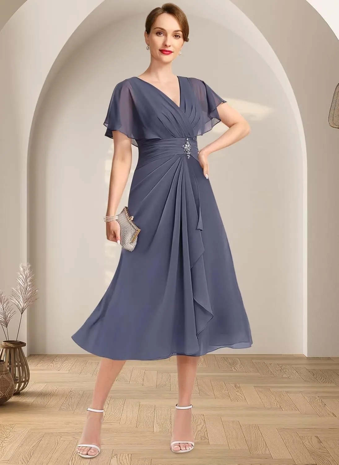 Women's Chiffon Mother of The Bride Dresses with Sleeves V Neck A Line Formal Evening Dress VS189