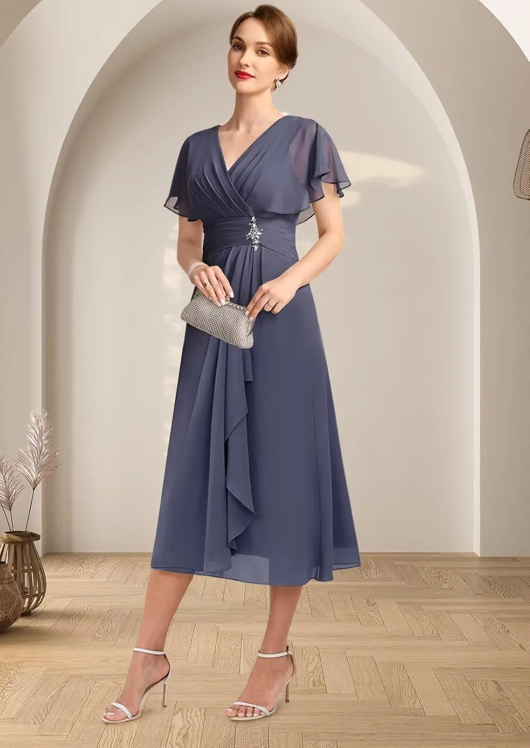 Women's Chiffon Mother of The Bride Dresses with Sleeves V Neck A Line Formal Evening Dress VS189