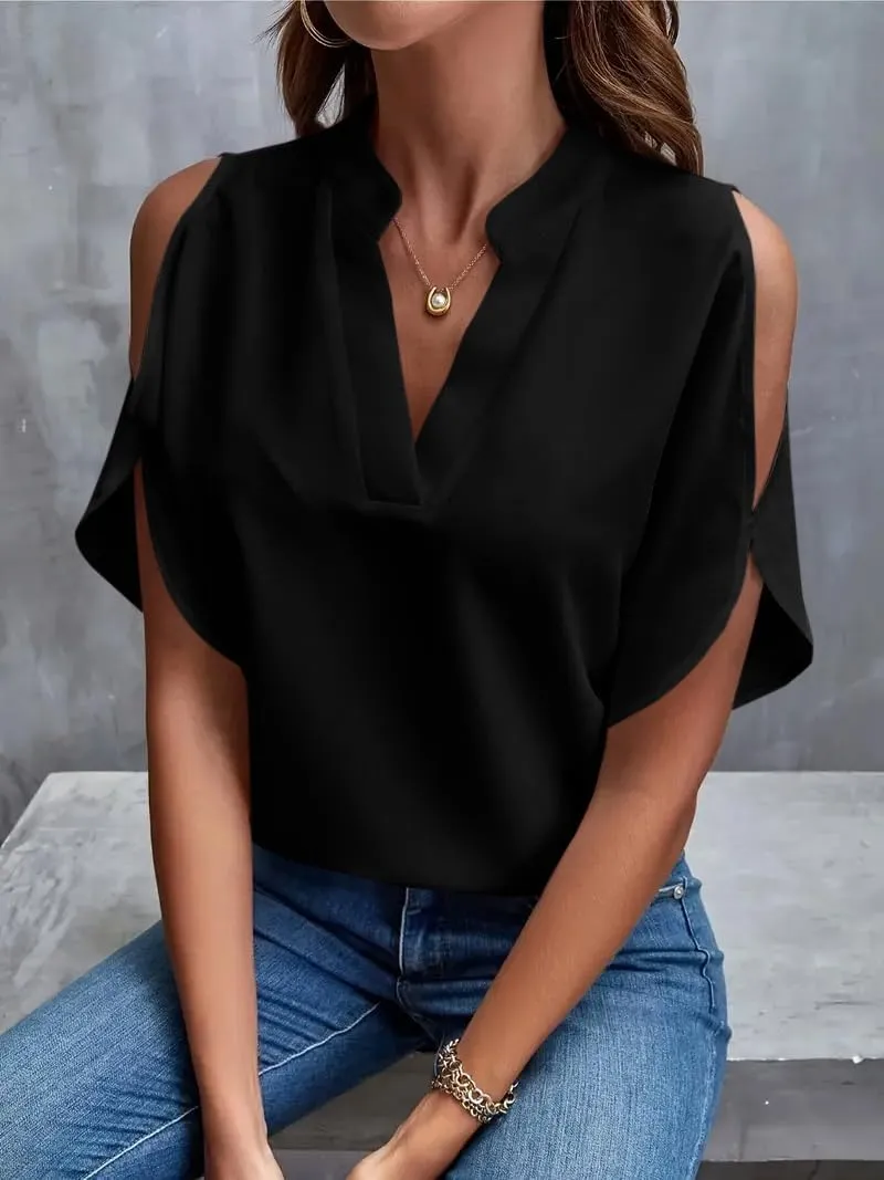Women's Cold Shoulder Tops Summer Fashion Short Sleeve V Neck Casual Loose Solid Color Blouse Shirts