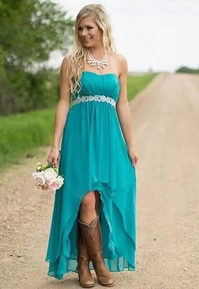 Women's Country Bridesmaid Dresses High Low Rustic Strapless Wedding Party Gowns Chiffon