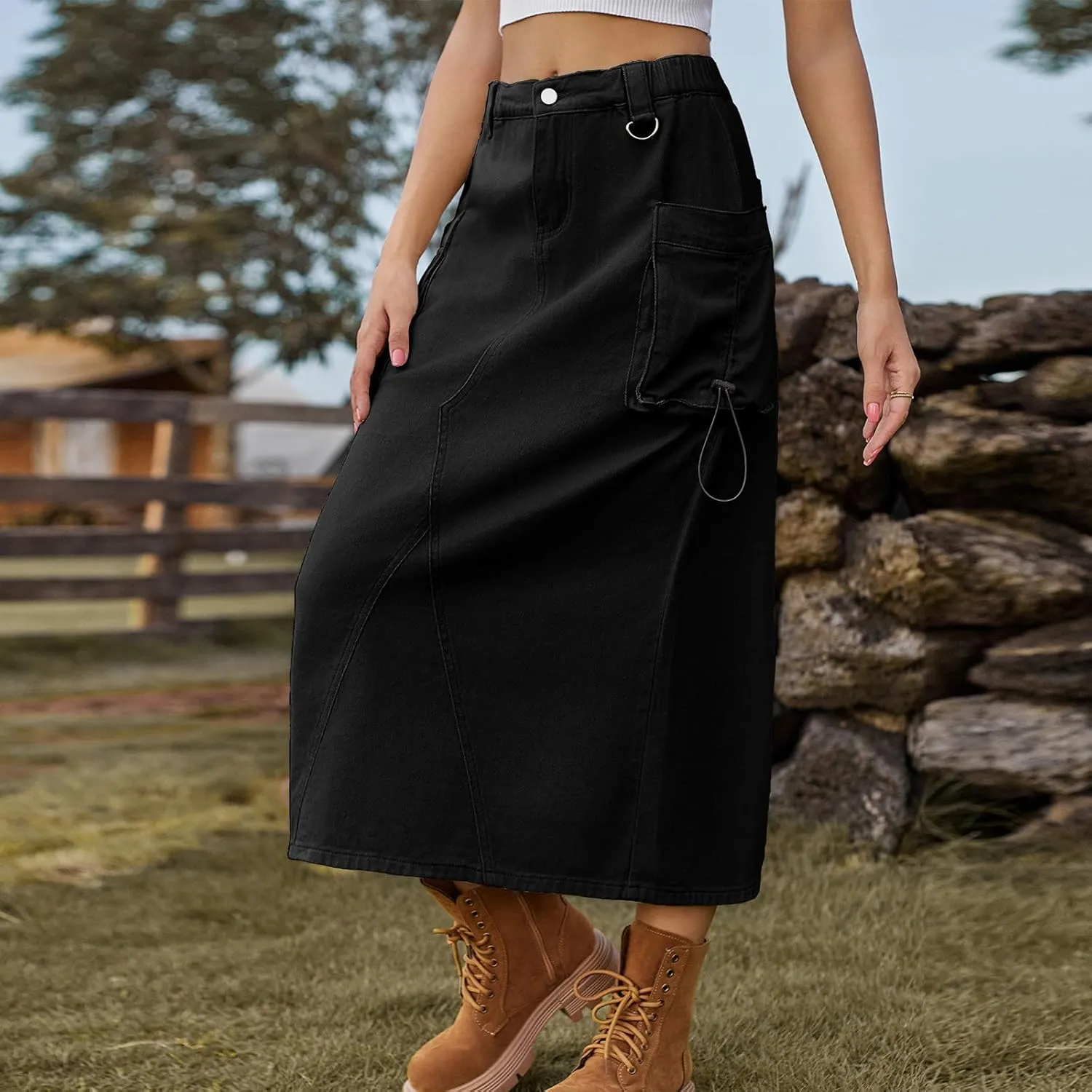 Women's Denim Cargo Skirt Elastic High Waisted Pencil Skirts Casual Button Midi Long Jean Skirt with Cargo Pockets