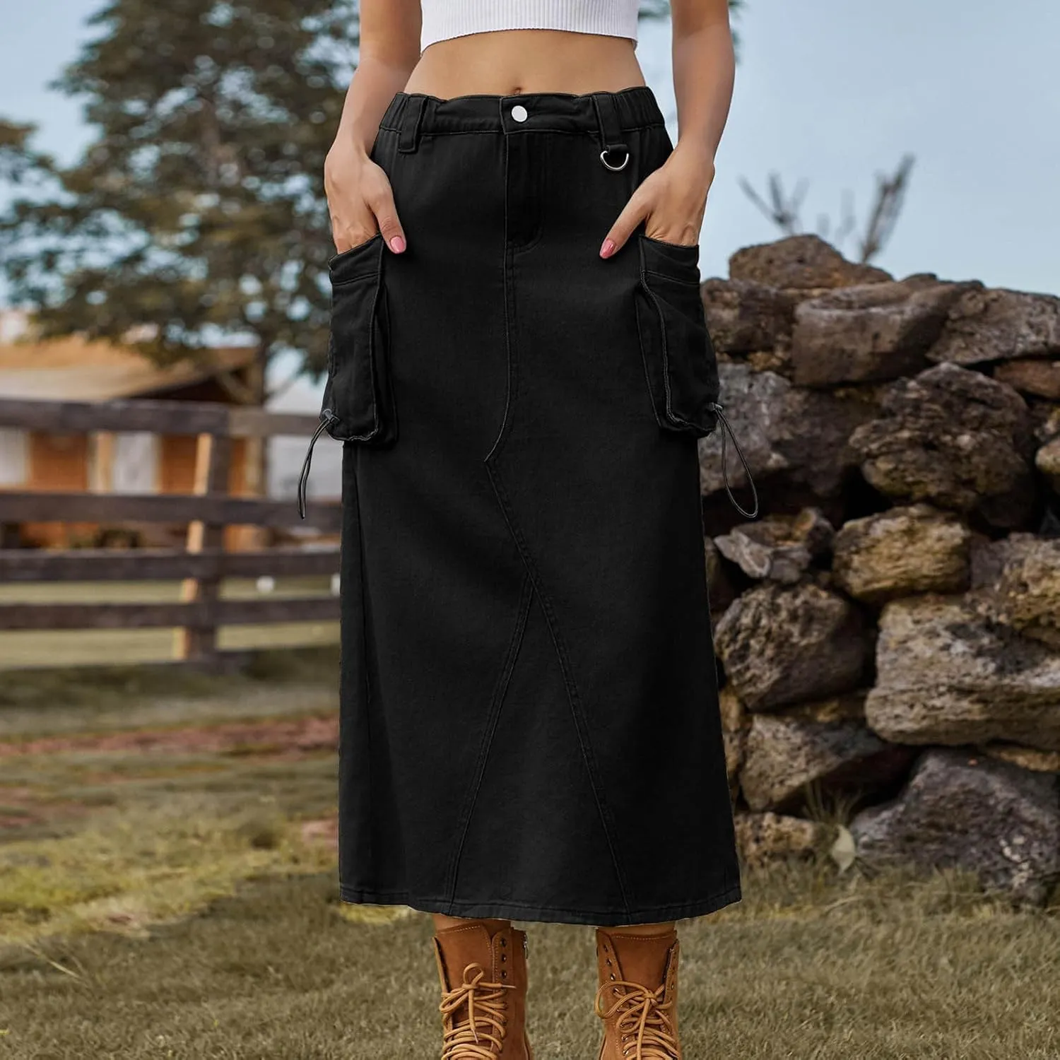Women's Denim Cargo Skirt Elastic High Waisted Pencil Skirts Casual Button Midi Long Jean Skirt with Cargo Pockets