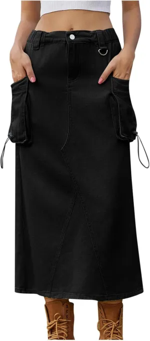 Women's Denim Cargo Skirt Elastic High Waisted Pencil Skirts Casual Button Midi Long Jean Skirt with Cargo Pockets