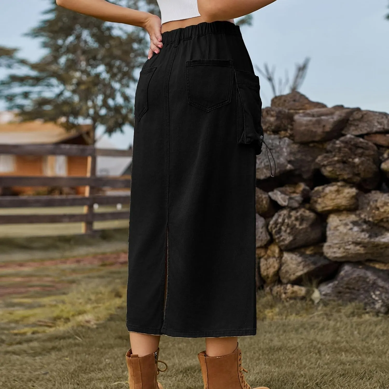 Women's Denim Cargo Skirt Elastic High Waisted Pencil Skirts Casual Button Midi Long Jean Skirt with Cargo Pockets