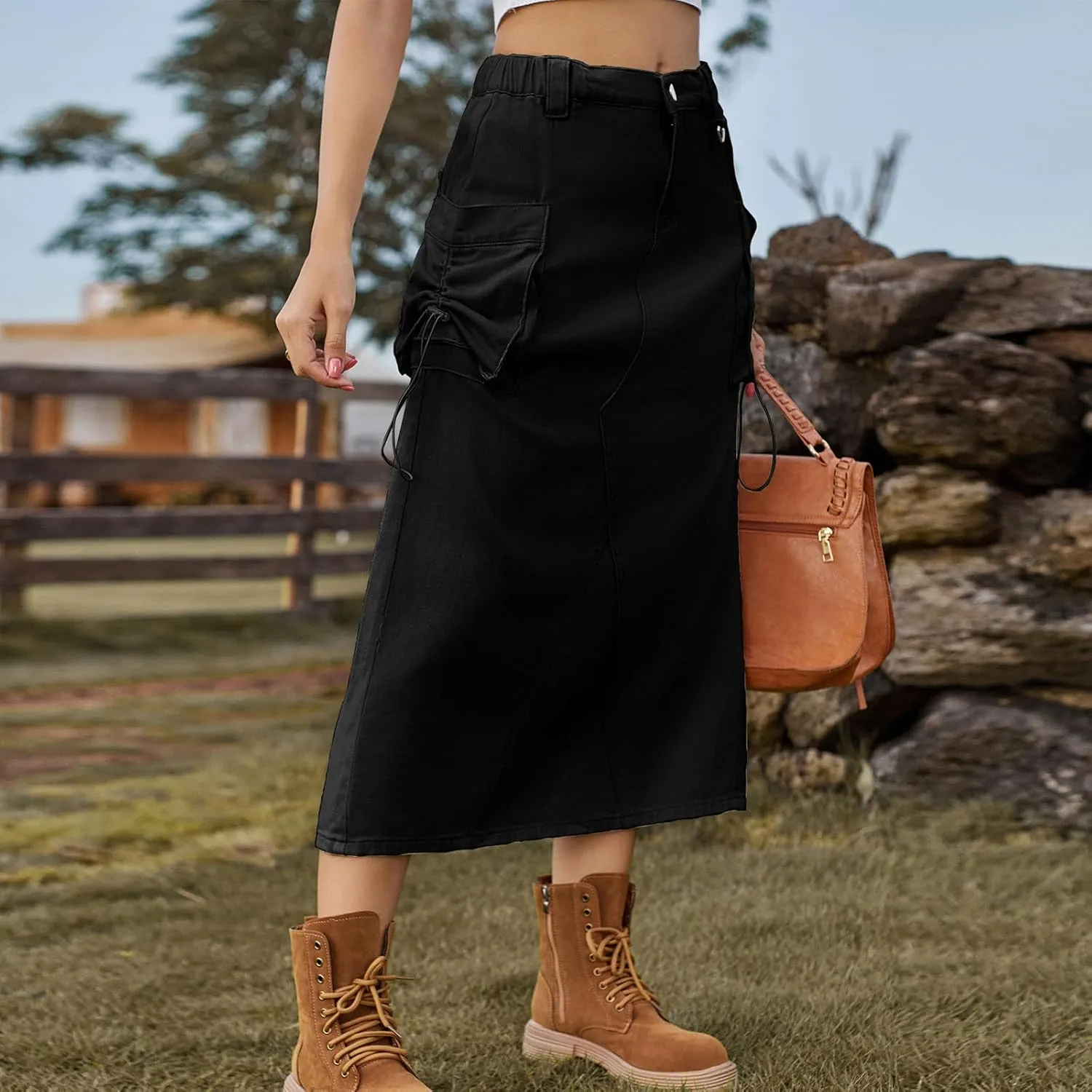 Women's Denim Cargo Skirt Elastic High Waisted Pencil Skirts Casual Button Midi Long Jean Skirt with Cargo Pockets