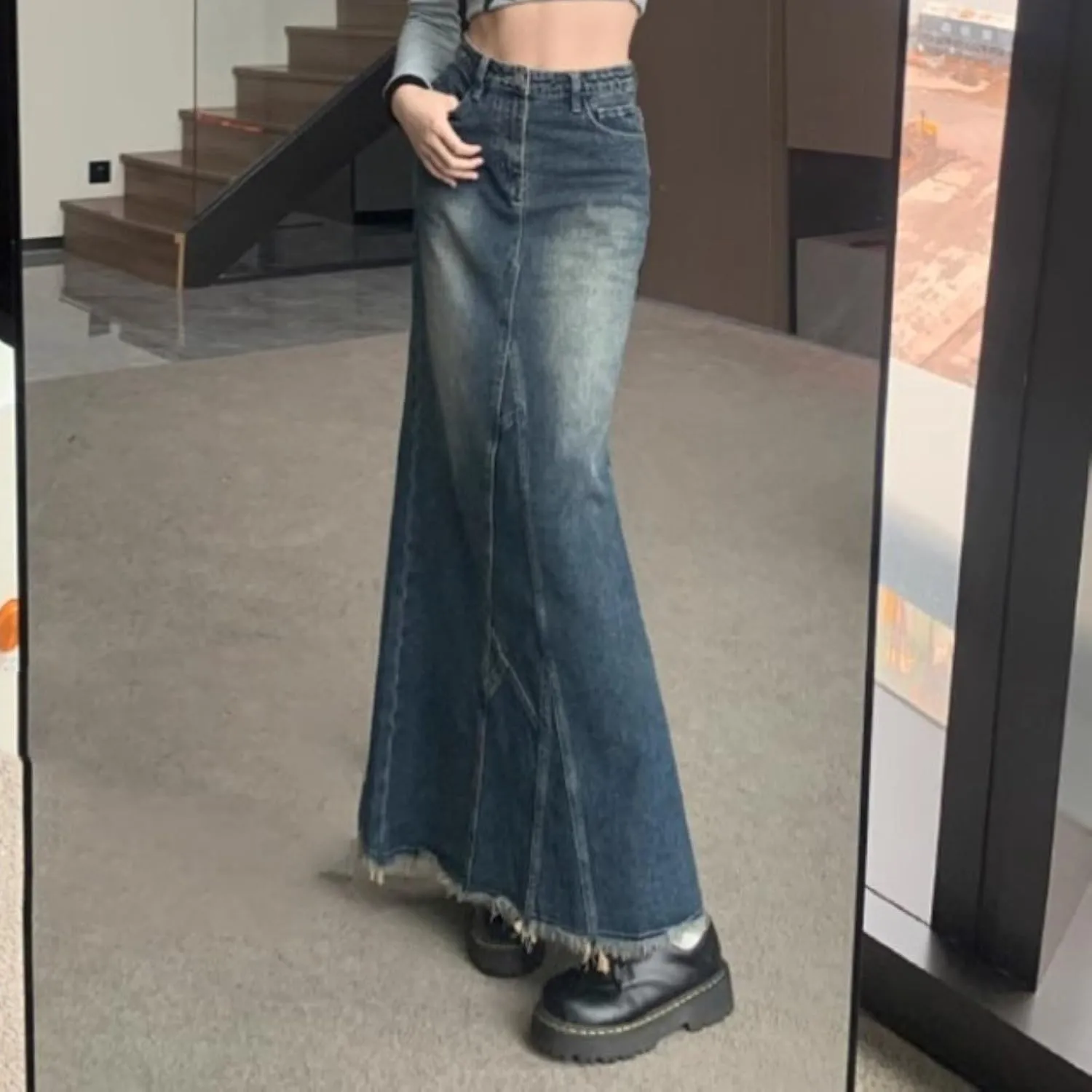 Womens Denim Maxi Skirt Bodycon Back Slit Zip Fly Frayed Hem Blue Long Flared Jean Skirt