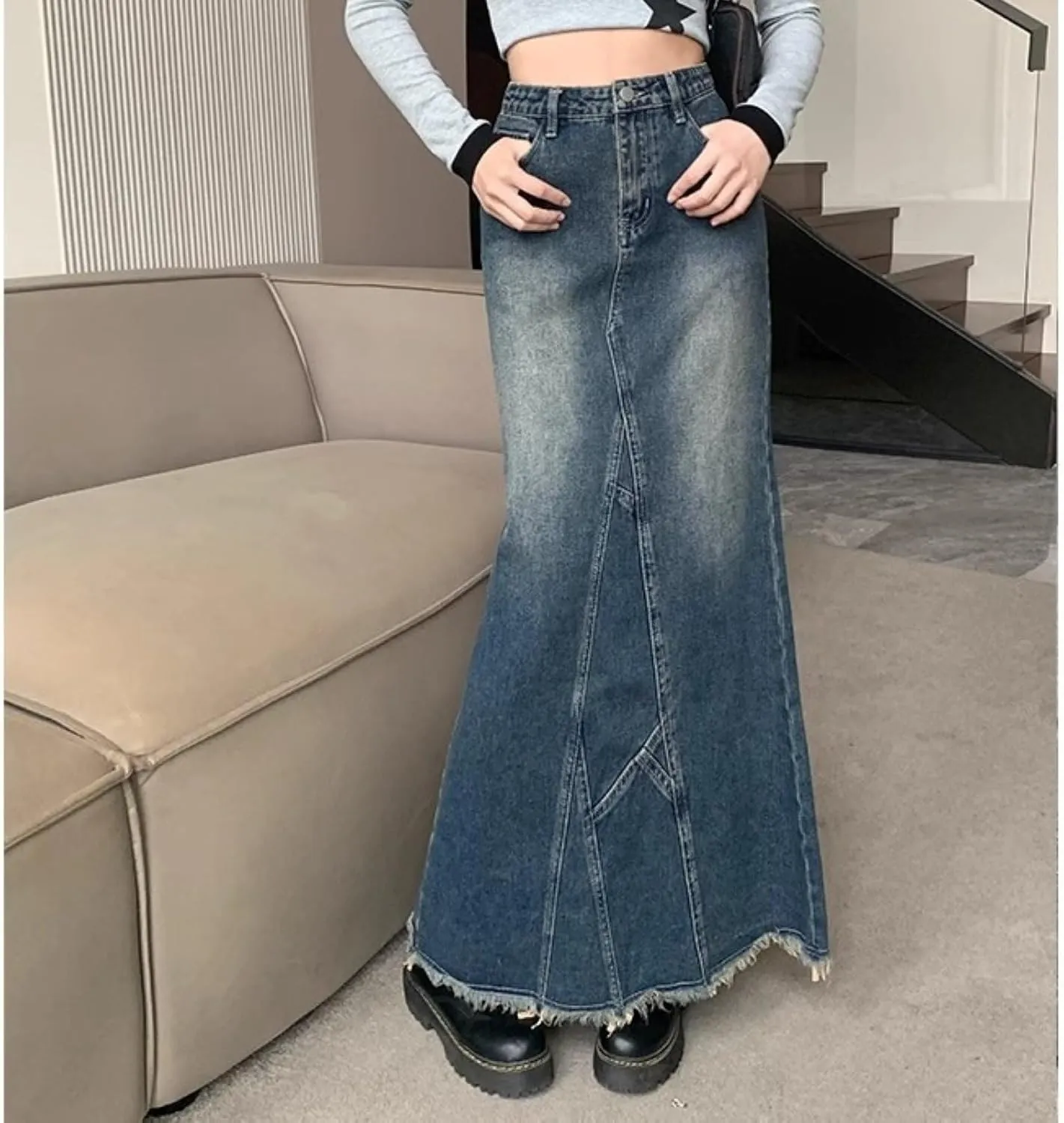 Womens Denim Maxi Skirt Bodycon Back Slit Zip Fly Frayed Hem Blue Long Flared Jean Skirt
