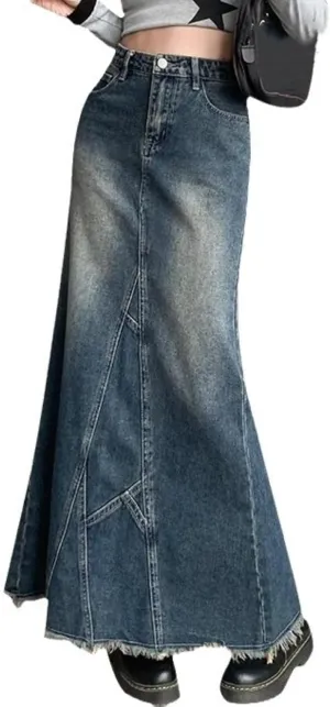 Womens Denim Maxi Skirt Bodycon Back Slit Zip Fly Frayed Hem Blue Long Flared Jean Skirt