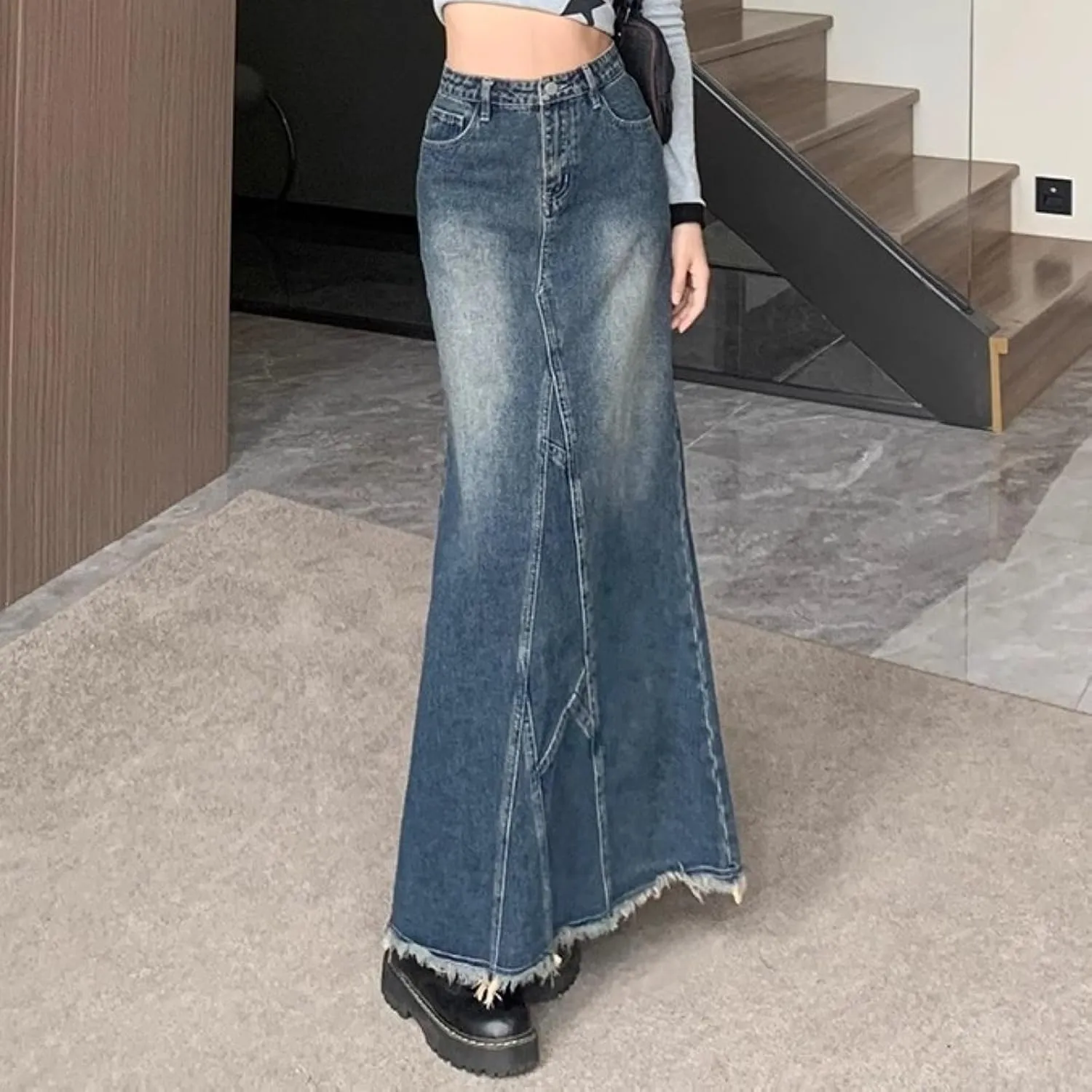 Womens Denim Maxi Skirt Bodycon Back Slit Zip Fly Frayed Hem Blue Long Flared Jean Skirt