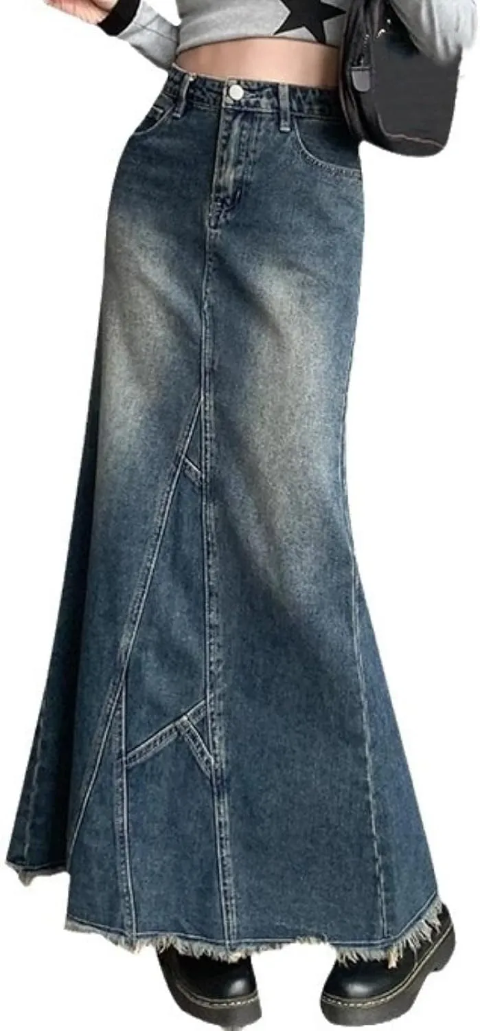 Womens Denim Maxi Skirt Bodycon Back Slit Zip Fly Frayed Hem Blue Long Flared Jean Skirt