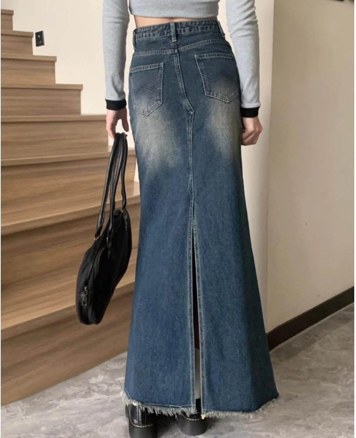 Womens Denim Maxi Skirt Bodycon Back Slit Zip Fly Frayed Hem Blue Long Flared Jean Skirt