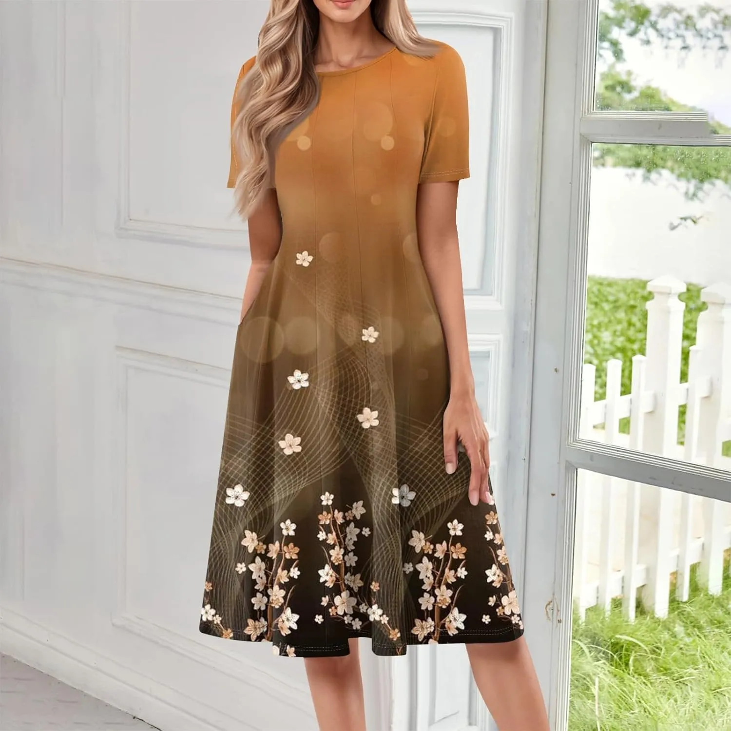 Women's Dresses 2025 Casual Spring Church Short Sleeve Boho Button Crewneck Vintage Floral Loose Midi Dress, S-3XL