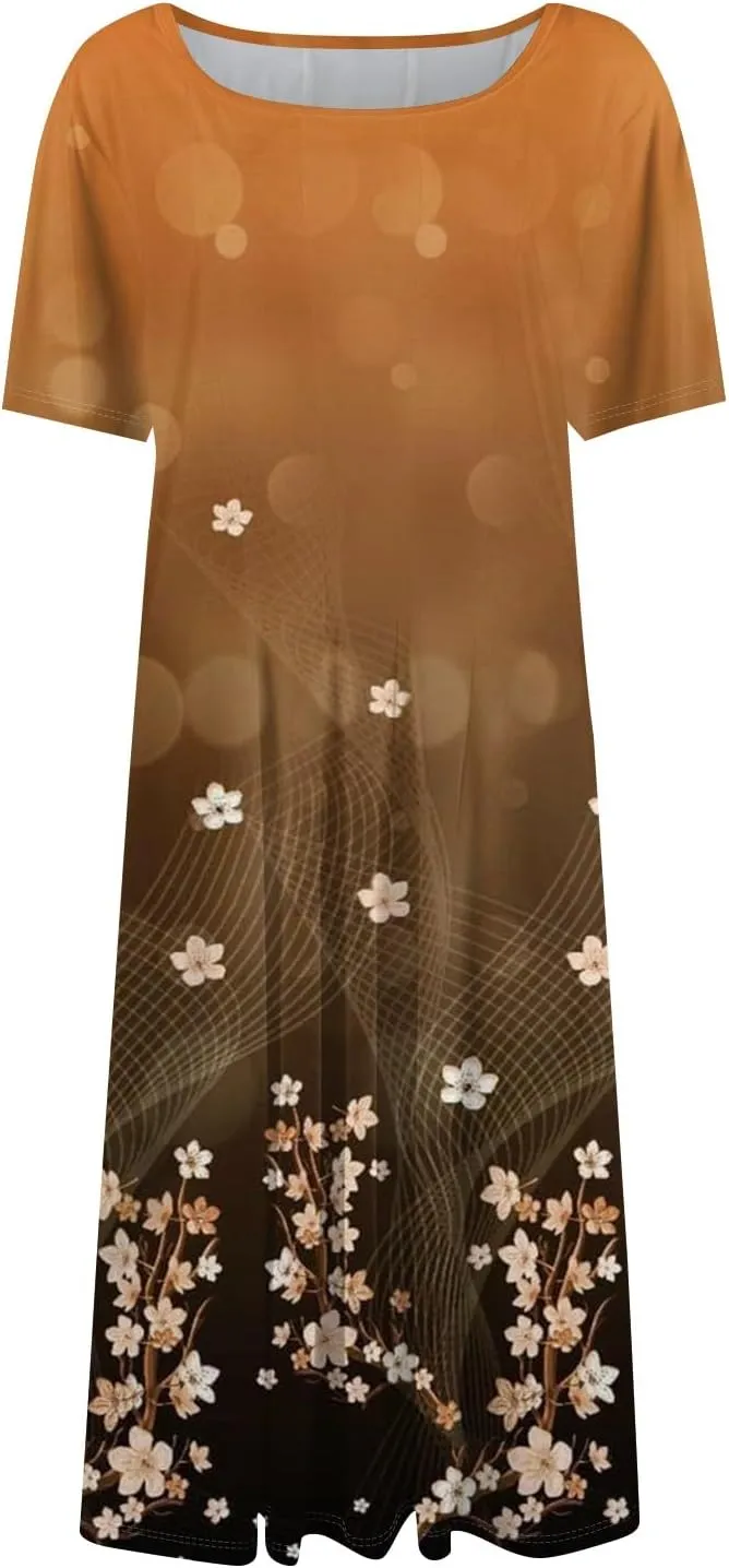 Women's Dresses 2025 Casual Spring Church Short Sleeve Boho Button Crewneck Vintage Floral Loose Midi Dress, S-3XL