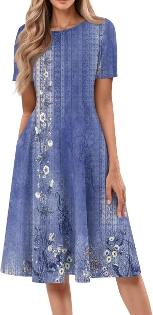 Women's Dresses 2025 Casual Spring Church Short Sleeve Boho Button Crewneck Vintage Floral Loose Midi Dress, S-3XL