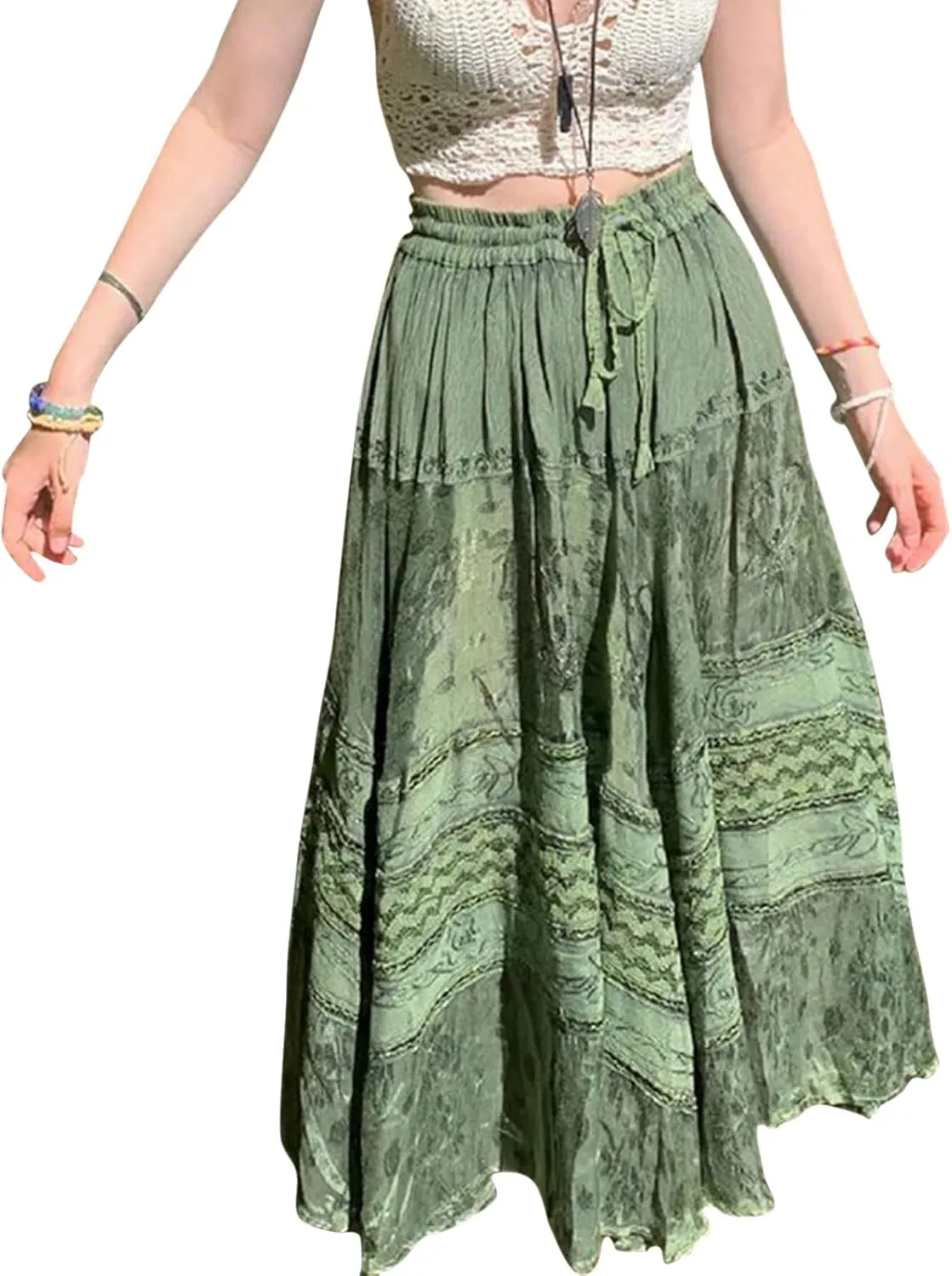 Womens Elastic High Waist Vintage Long Skirts Tiered A Line Casual Maxi Skirt Pleated Swing Midi Dress