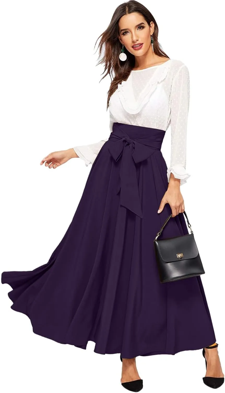 Women's Elegant High Waist Long Skirt Solid Color Lace Up Maxi Skirts Summer Casual Loose Pleated Skirt