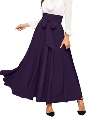 Women's Elegant High Waist Long Skirt Solid Color Lace Up Maxi Skirts Summer Casual Loose Pleated Skirt