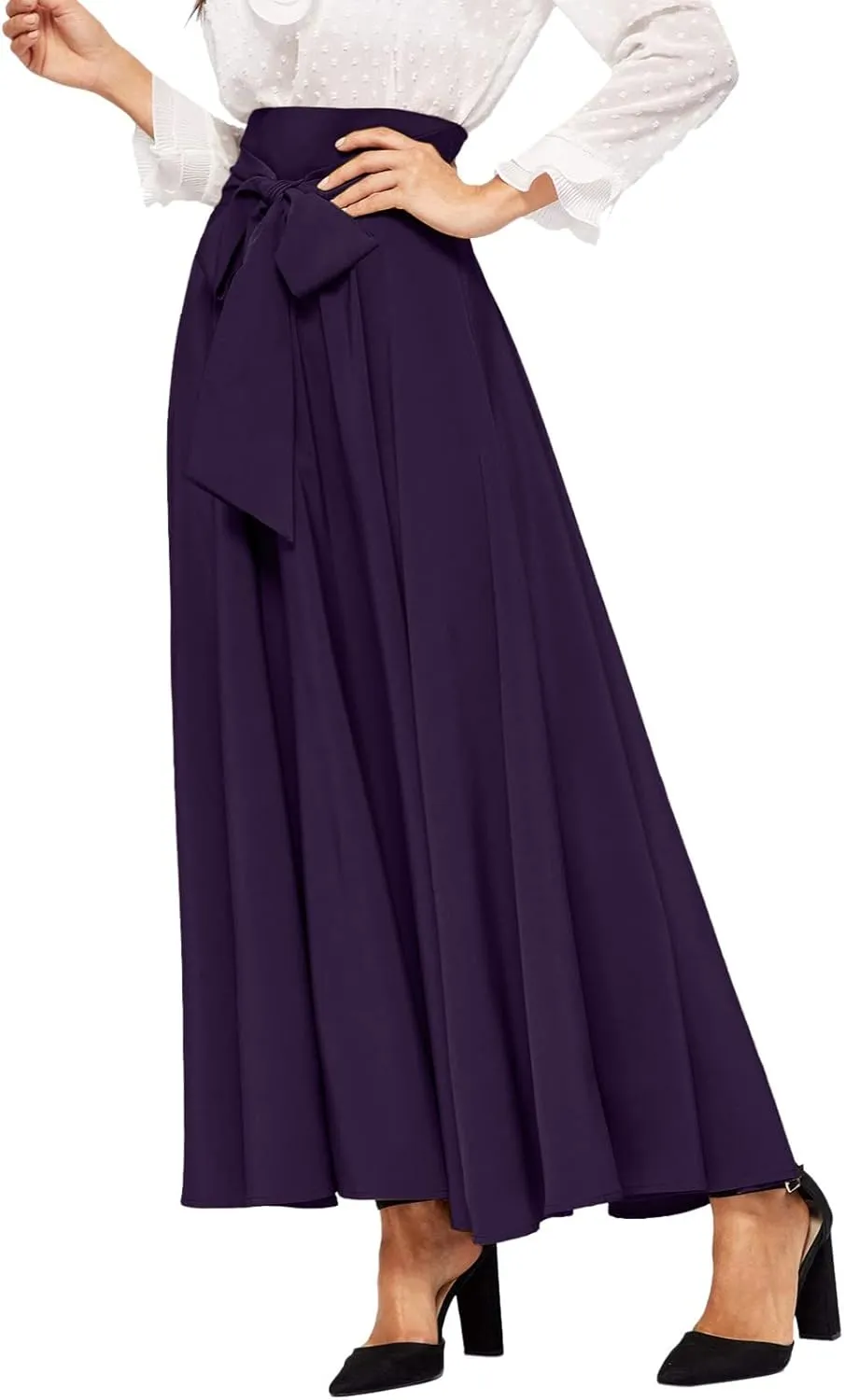 Women's Elegant High Waist Long Skirt Solid Color Lace Up Maxi Skirts Summer Casual Loose Pleated Skirt