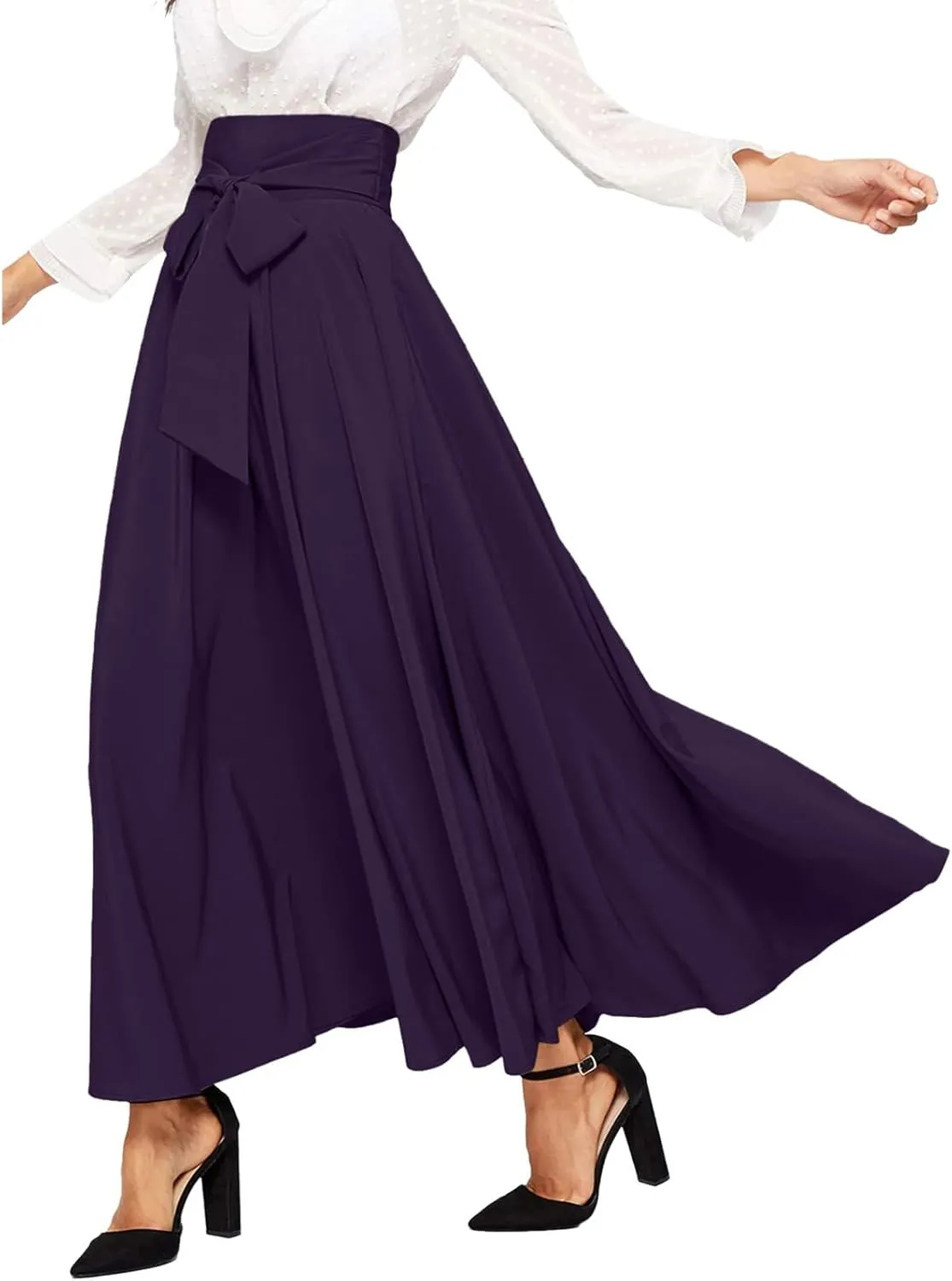 Women's Elegant High Waist Long Skirt Solid Color Lace Up Maxi Skirts Summer Casual Loose Pleated Skirt