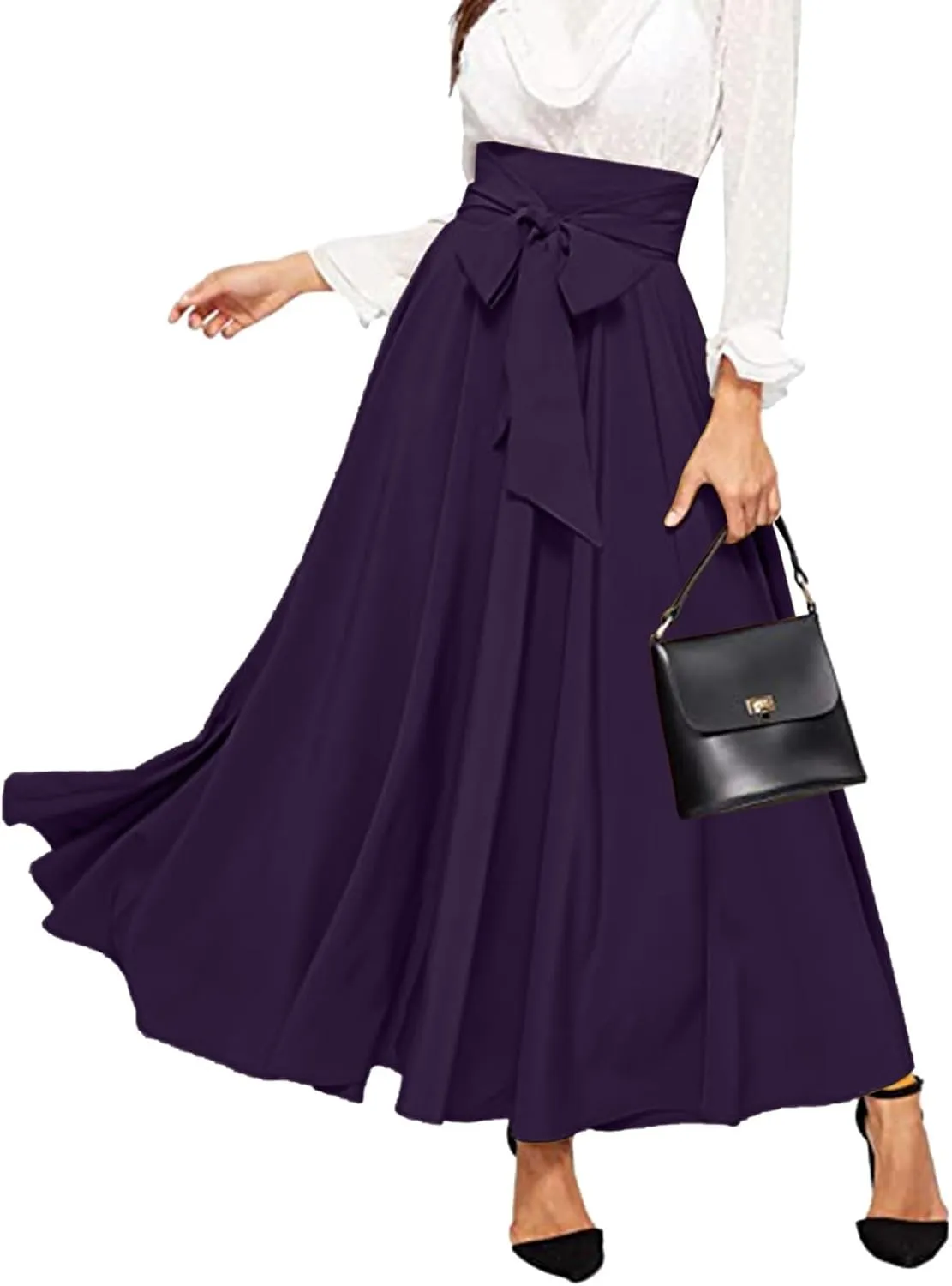 Women's Elegant High Waist Long Skirt Solid Color Lace Up Maxi Skirts Summer Casual Loose Pleated Skirt