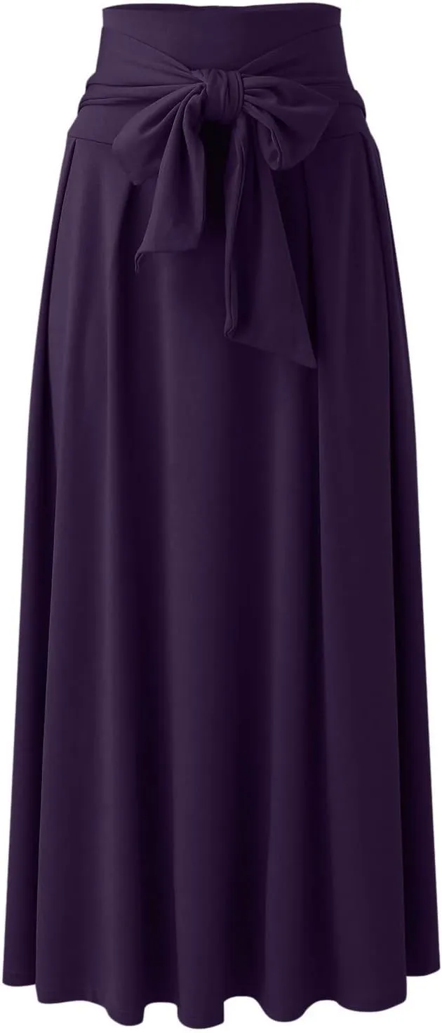 Women's Elegant High Waist Long Skirt Solid Color Lace Up Maxi Skirts Summer Casual Loose Pleated Skirt