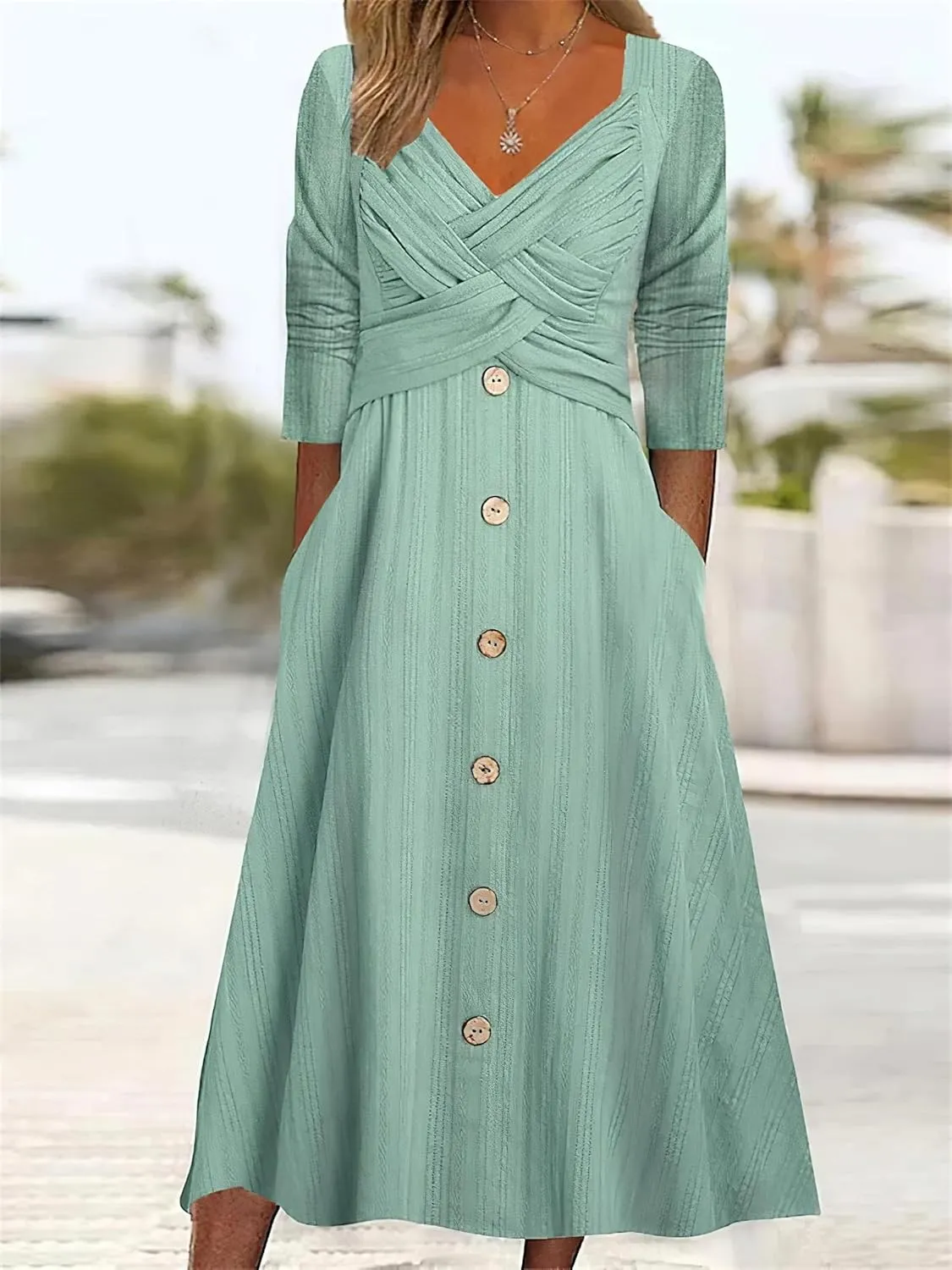 Womens Fall Dresses for Wedding Guest, Casual Plus Size Cross Button Long Sleeve Tiered Maxi Dress with Pockets