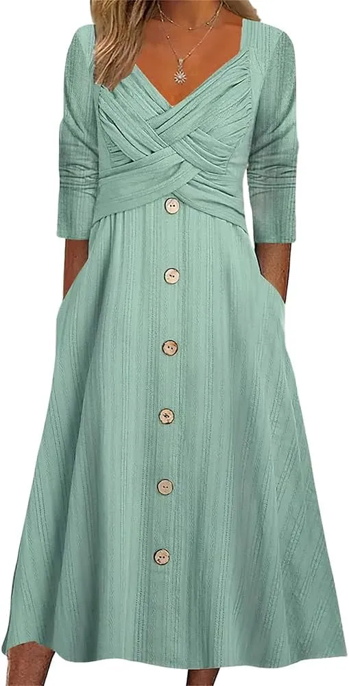 Womens Fall Dresses for Wedding Guest, Casual Plus Size Cross Button Long Sleeve Tiered Maxi Dress with Pockets