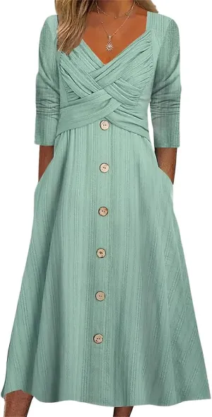 Womens Fall Dresses for Wedding Guest, Casual Plus Size Cross Button Long Sleeve Tiered Maxi Dress with Pockets